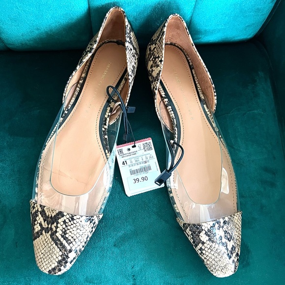 New Zara Snakeskin Clear Flats 9 - Picture 1 of 3